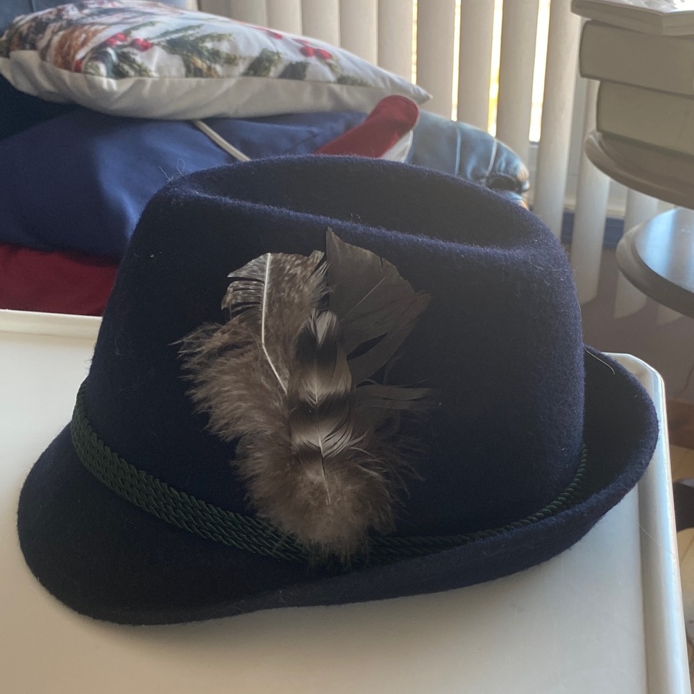 Navy Wool Fedora Hat with Feather Accent and Braided Trim